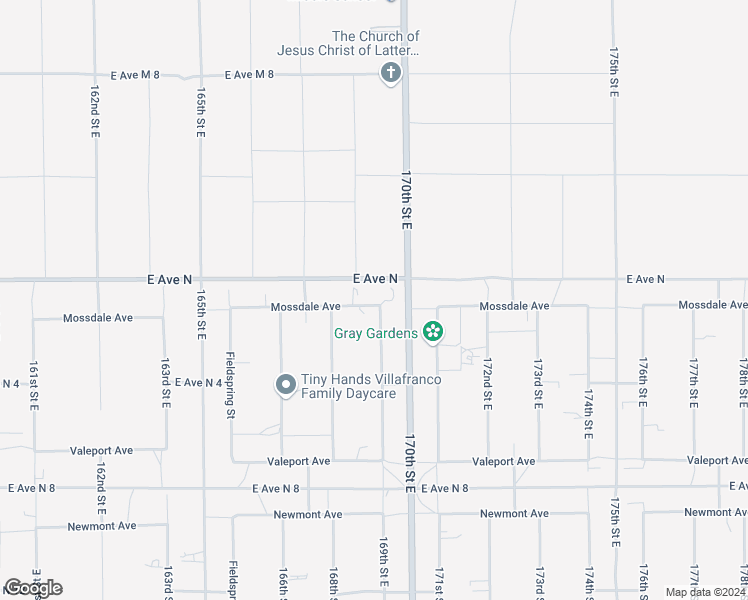 map of restaurants, bars, coffee shops, grocery stores, and more near 16853 Mossdale Avenue in Lancaster