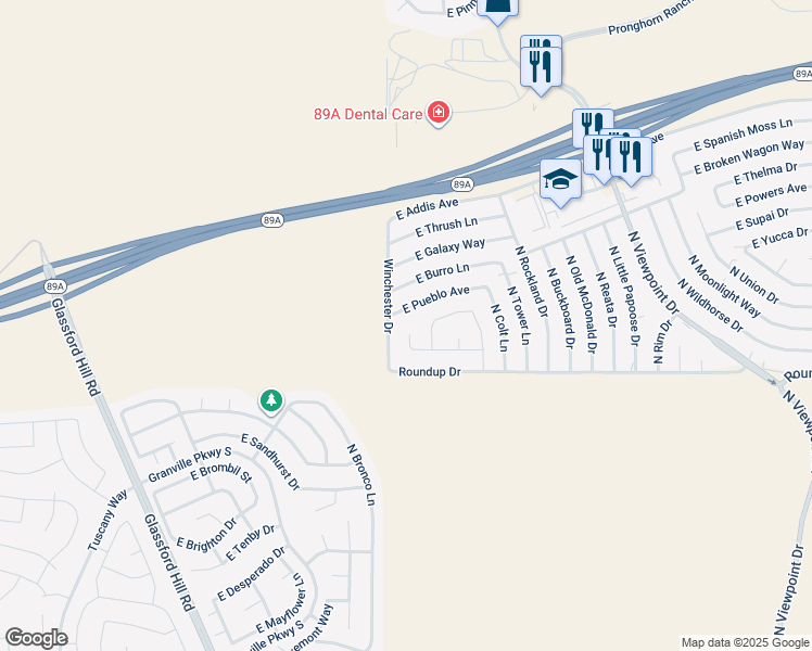 map of restaurants, bars, coffee shops, grocery stores, and more near 6100 North SIlver Lode Court in Prescott Valley