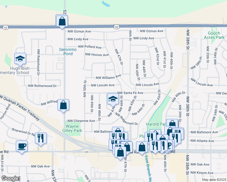 map of restaurants, bars, coffee shops, grocery stores, and more near 4609 Northwest Santa Fe Avenue in Lawton