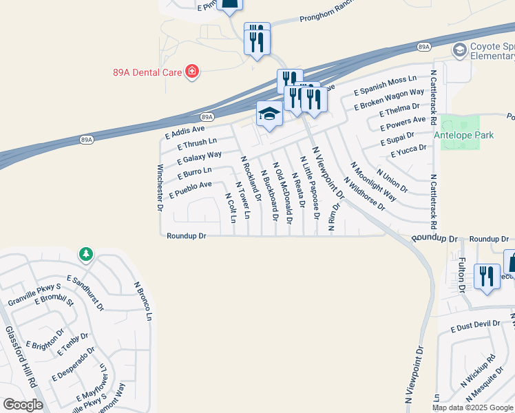 map of restaurants, bars, coffee shops, grocery stores, and more near 6101 North Tower Lane in Prescott Valley