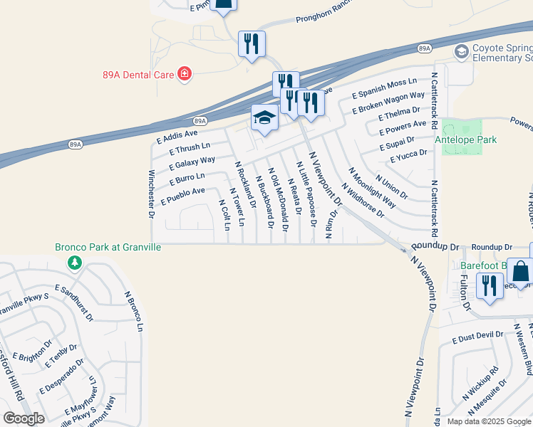 map of restaurants, bars, coffee shops, grocery stores, and more near 6100 North Buckboard Drive in Prescott Valley