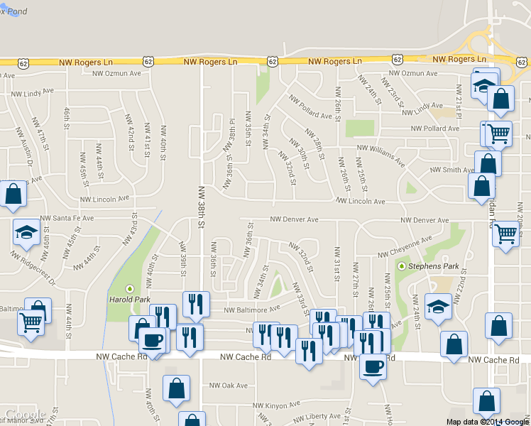 map of restaurants, bars, coffee shops, grocery stores, and more near 2745 Northwest Denver Avenue in Lawton