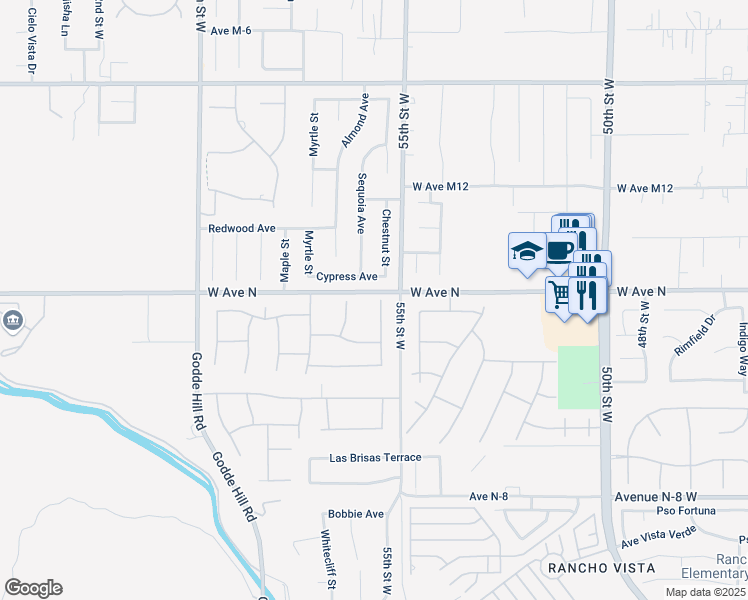 map of restaurants, bars, coffee shops, grocery stores, and more near 41181 Summitview Lane in Palmdale