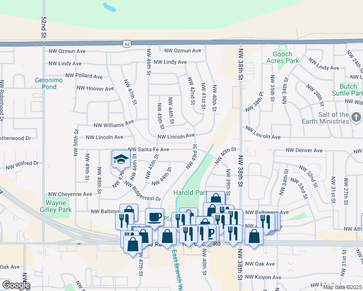 map of restaurants, bars, coffee shops, grocery stores, and more near 4309 Northwest Santa Fe Avenue in Lawton