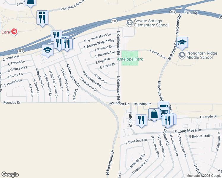 map of restaurants, bars, coffee shops, grocery stores, and more near 6119 North Moonlight Way in Prescott Valley
