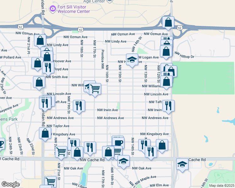map of restaurants, bars, coffee shops, grocery stores, and more near 1502 Northwest Lincoln Avenue in Lawton