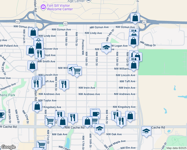 map of restaurants, bars, coffee shops, grocery stores, and more near 1502 Northwest Lincoln Avenue in Lawton