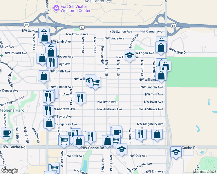 map of restaurants, bars, coffee shops, grocery stores, and more near 1518 Northwest Lincoln Avenue in Lawton