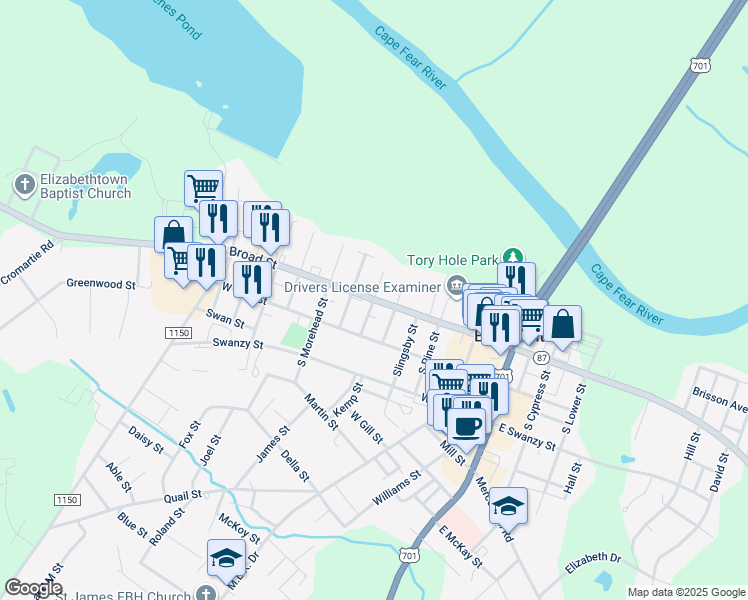 map of restaurants, bars, coffee shops, grocery stores, and more near North Carolina 87 in Elizabethtown