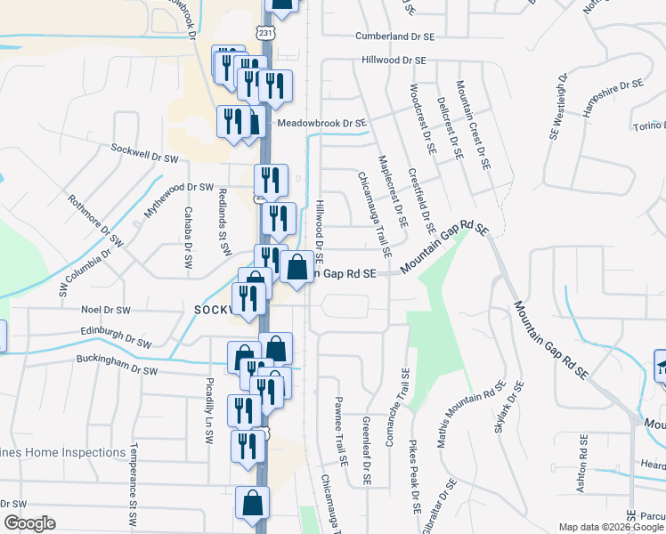map of restaurants, bars, coffee shops, grocery stores, and more near 304 Mountain Gap Road Southeast in Huntsville
