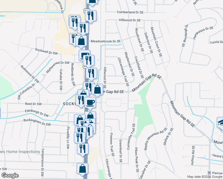 map of restaurants, bars, coffee shops, grocery stores, and more near 304 Mountain Gap Road Southeast in Huntsville