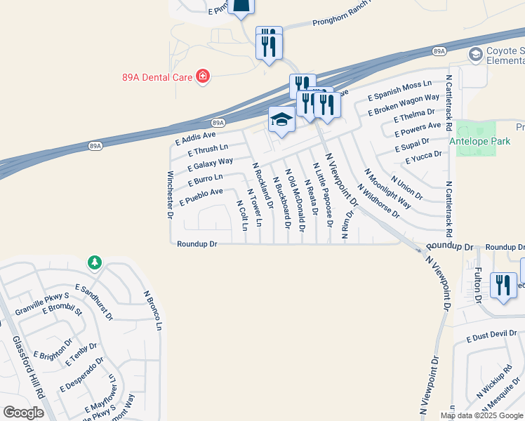 map of restaurants, bars, coffee shops, grocery stores, and more near 6101 North Tower Lane in Prescott Valley