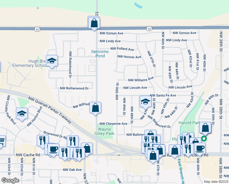 map of restaurants, bars, coffee shops, grocery stores, and more near 1640 Northwest 50th Street in Lawton