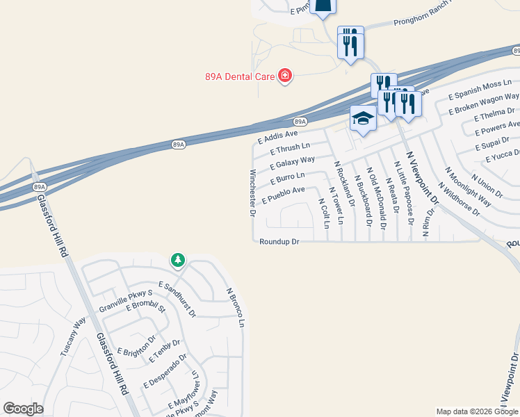 map of restaurants, bars, coffee shops, grocery stores, and more near 7005 East Pueblo Avenue in Prescott Valley