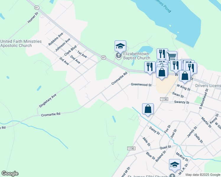 map of restaurants, bars, coffee shops, grocery stores, and more near 205 Cromartie Road in Elizabethtown