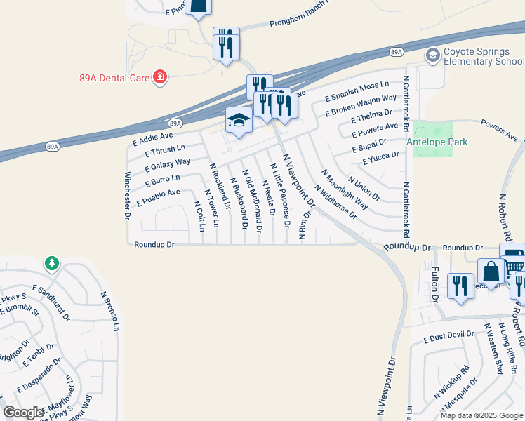 map of restaurants, bars, coffee shops, grocery stores, and more near 6091 North Old McDonald Drive in Prescott Valley