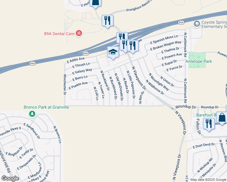 map of restaurants, bars, coffee shops, grocery stores, and more near 6100 North Buckboard Drive in Prescott Valley