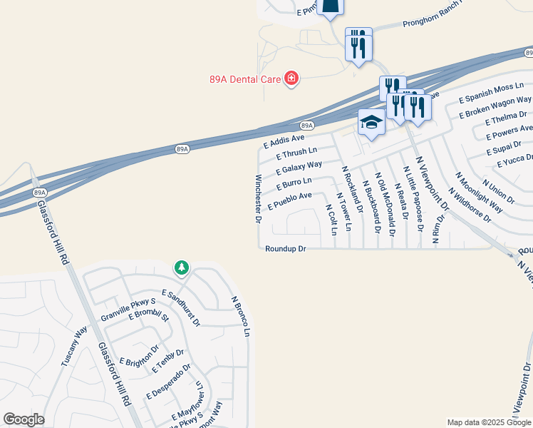 map of restaurants, bars, coffee shops, grocery stores, and more near 6100 North SIlver Lode Court in Prescott Valley