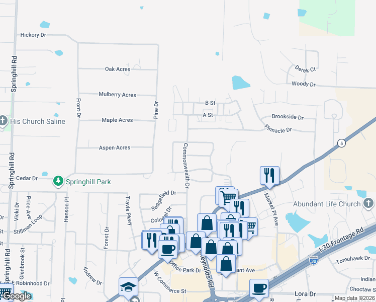 map of restaurants, bars, coffee shops, grocery stores, and more near 418 Suncrest Street in Bryant