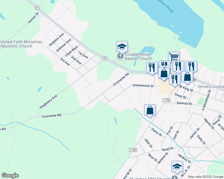map of restaurants, bars, coffee shops, grocery stores, and more near 205 Cromartie Road in Elizabethtown