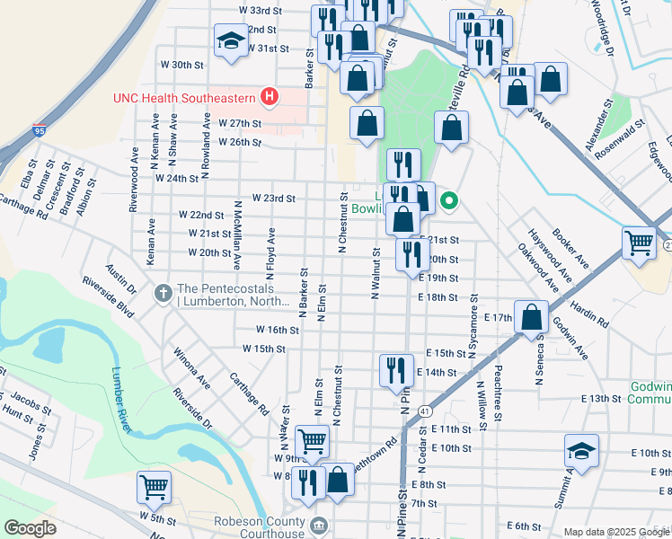 map of restaurants, bars, coffee shops, grocery stores, and more near 1902 North Elm Street in Lumberton
