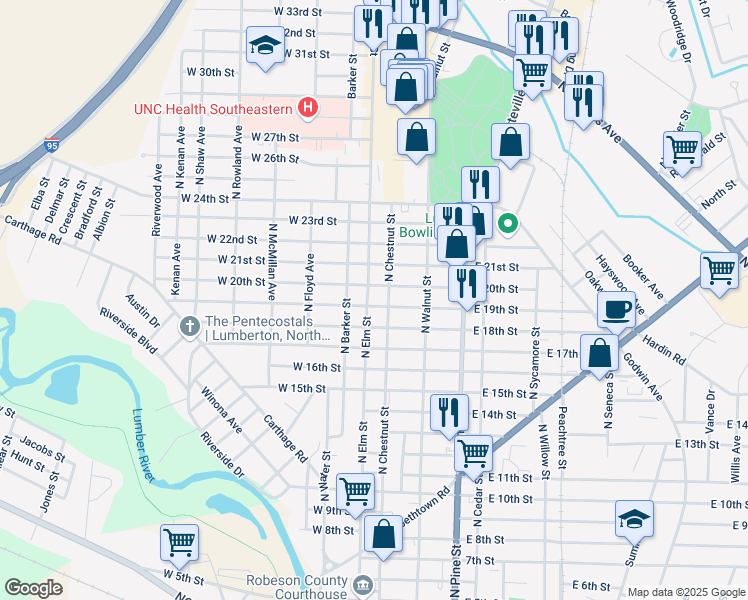 map of restaurants, bars, coffee shops, grocery stores, and more near 1902 North Elm Street in Lumberton