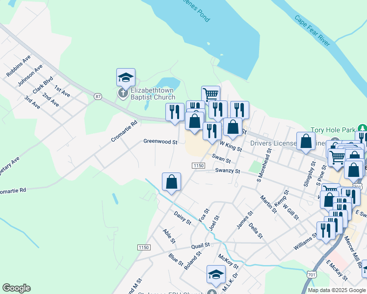 map of restaurants, bars, coffee shops, grocery stores, and more near 1415 Greenwood Street in Elizabethtown