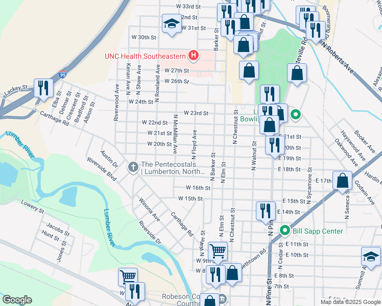 map of restaurants, bars, coffee shops, grocery stores, and more near 302 West 19th Street in Lumberton