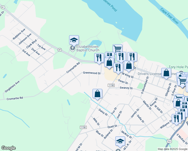 map of restaurants, bars, coffee shops, grocery stores, and more near 1507 Greenwood Street in Elizabethtown