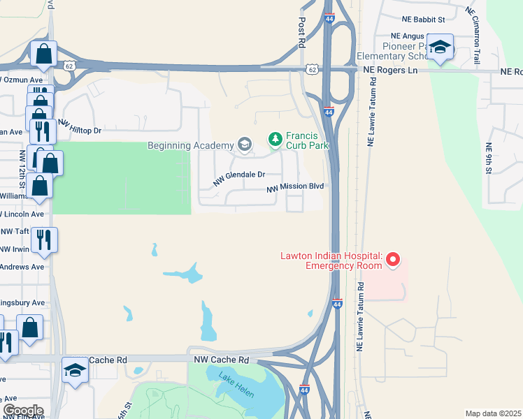map of restaurants, bars, coffee shops, grocery stores, and more near 422 Northwest Greenmeadow Drive in Lawton
