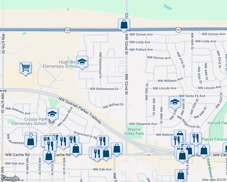map of restaurants, bars, coffee shops, grocery stores, and more near 2111 Northwest Britni Circle in Lawton