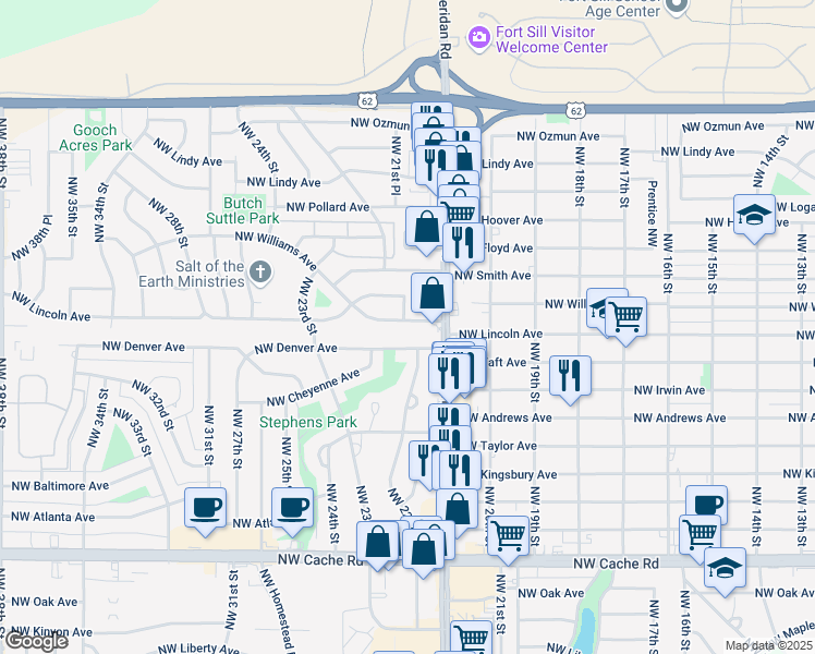 map of restaurants, bars, coffee shops, grocery stores, and more near 2128 Northwest Lincoln Avenue in Lawton