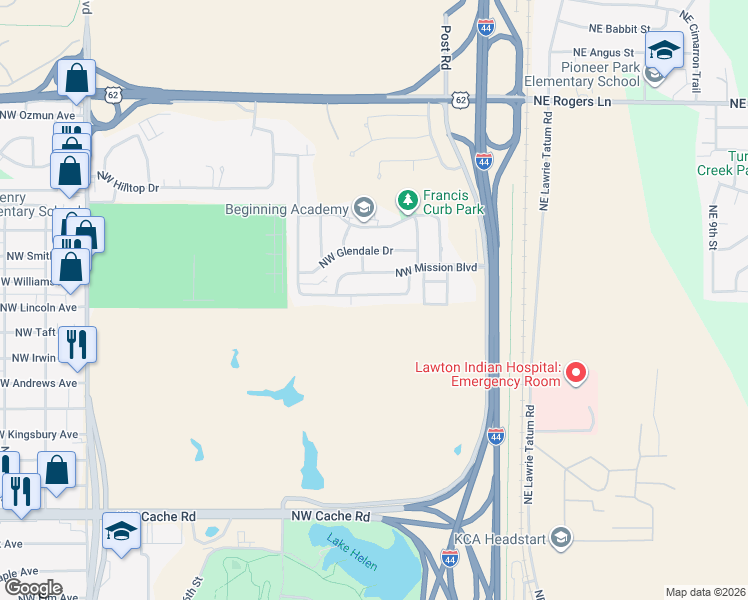 map of restaurants, bars, coffee shops, grocery stores, and more near 428 Northwest Greenmeadow Drive in Lawton