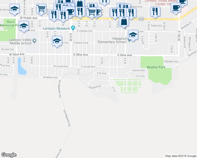 map of restaurants, bars, coffee shops, grocery stores, and more near 21 Oxford Drive in Lompoc