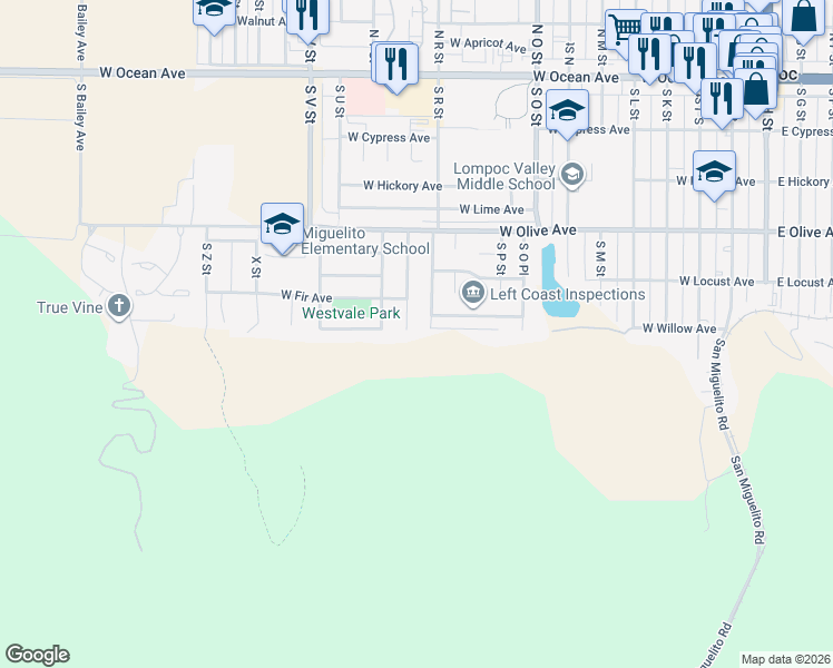map of restaurants, bars, coffee shops, grocery stores, and more near 532 South Sage Street in Lompoc