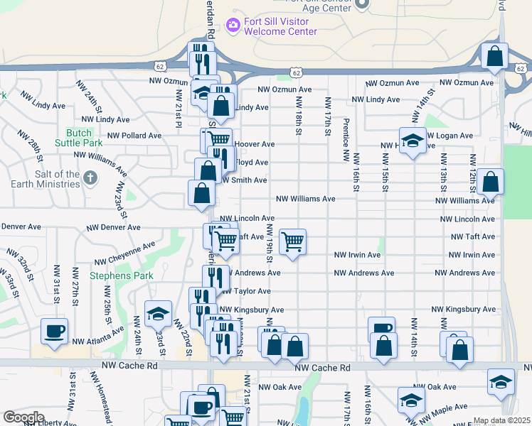 map of restaurants, bars, coffee shops, grocery stores, and more near 1908 Northwest Lincoln Avenue in Lawton