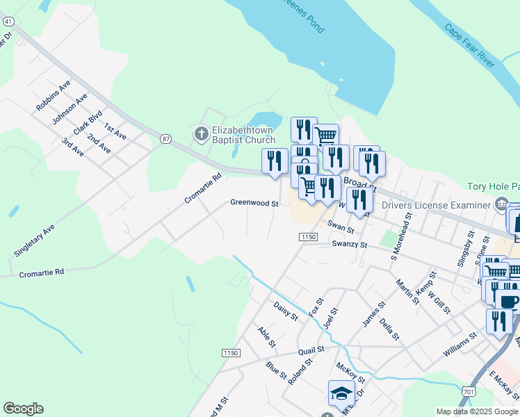 map of restaurants, bars, coffee shops, grocery stores, and more near 1507 Greenwood Street in Elizabethtown