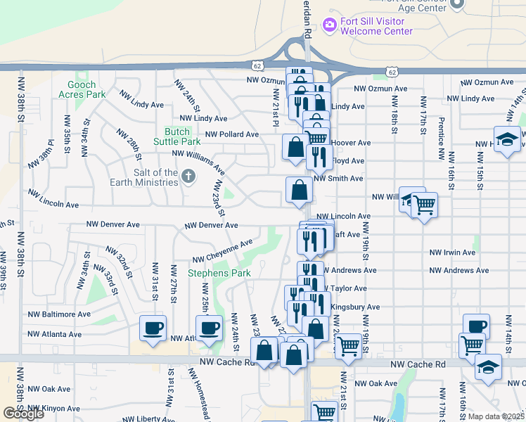 map of restaurants, bars, coffee shops, grocery stores, and more near 2140 Northwest Lincoln Avenue in Lawton