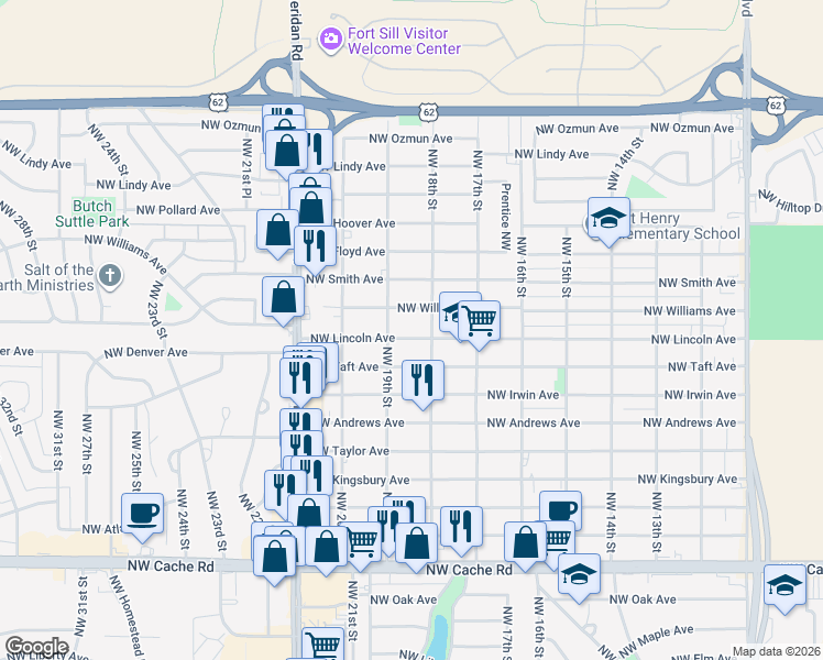 map of restaurants, bars, coffee shops, grocery stores, and more near 1812 Northwest Lincoln Avenue in Lawton