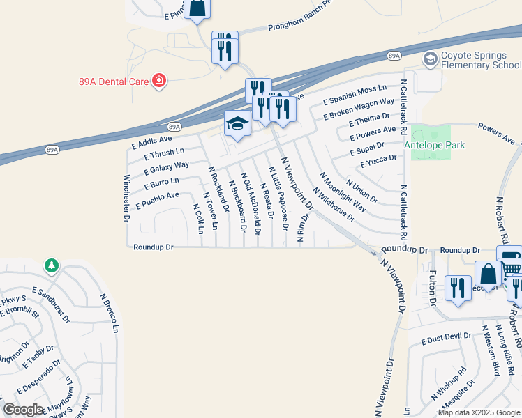 map of restaurants, bars, coffee shops, grocery stores, and more near 6091 North Old McDonald Drive in Prescott Valley