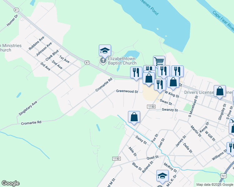 map of restaurants, bars, coffee shops, grocery stores, and more near 1603 Greenwood Street in Elizabethtown