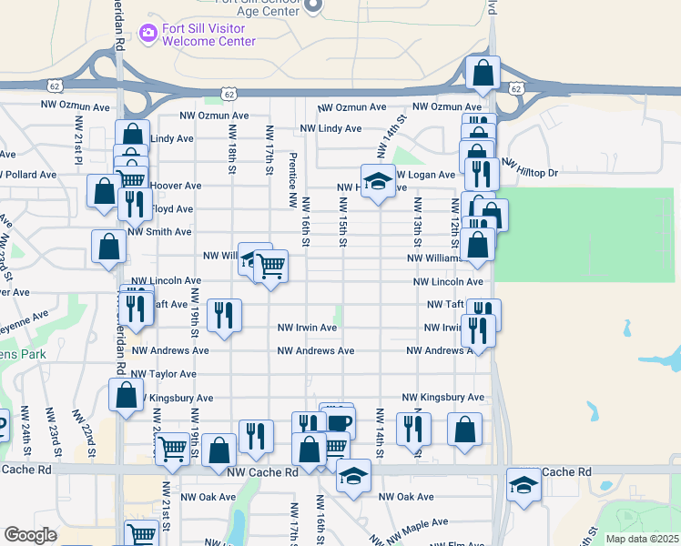 map of restaurants, bars, coffee shops, grocery stores, and more near 1502 Northwest Lincoln Avenue in Lawton