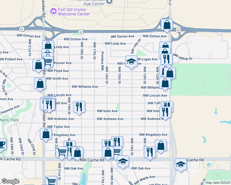 map of restaurants, bars, coffee shops, grocery stores, and more near 1502 Northwest Lincoln Avenue in Lawton