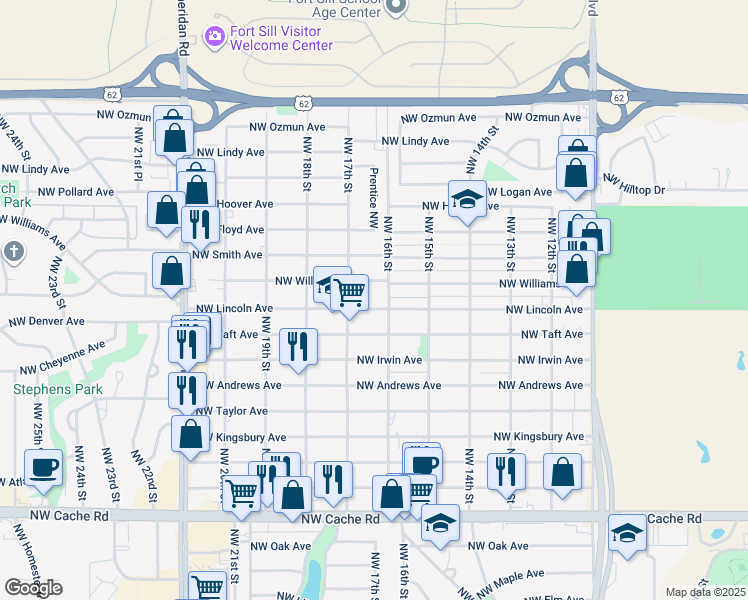 map of restaurants, bars, coffee shops, grocery stores, and more near 1518 Northwest Lincoln Avenue in Lawton