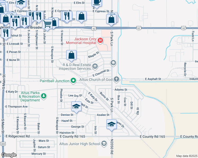map of restaurants, bars, coffee shops, grocery stores, and more near 805 Park Avenue in Altus
