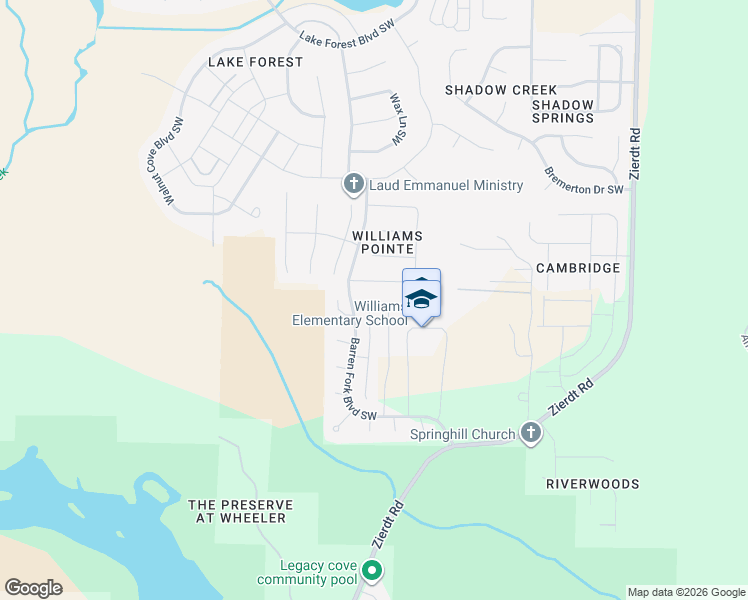 map of restaurants, bars, coffee shops, grocery stores, and more near 132 Otter Trail Southwest in Huntsville