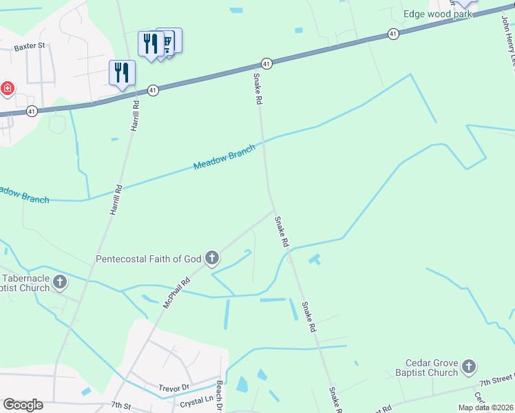 map of restaurants, bars, coffee shops, grocery stores, and more near 2333 Snake Road in Lumberton
