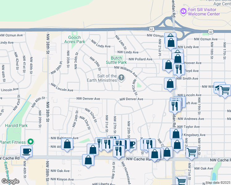 map of restaurants, bars, coffee shops, grocery stores, and more near 2326 Northwest Lincoln Avenue in Lawton