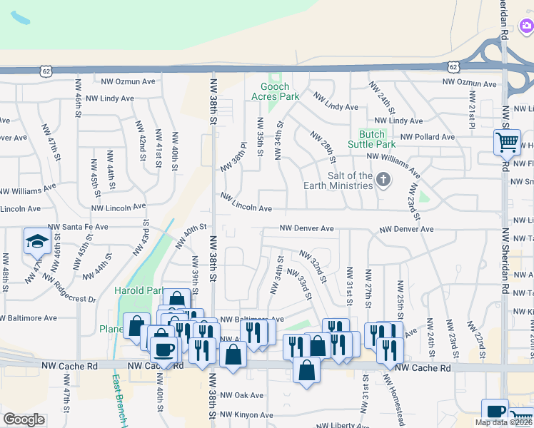 map of restaurants, bars, coffee shops, grocery stores, and more near 2745 Northwest Denver Avenue in Lawton