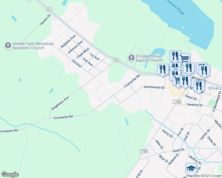 map of restaurants, bars, coffee shops, grocery stores, and more near 214 Cromartie Road in Elizabethtown